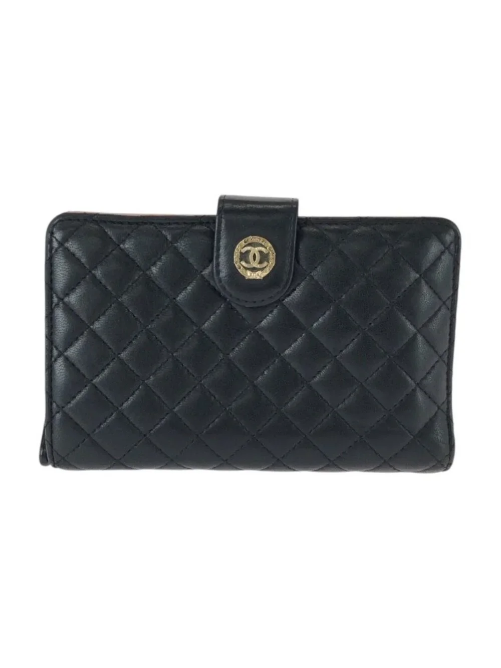 Chanel Quilted CC Logo Black Pink Gold Leather Folded Wallet Compact